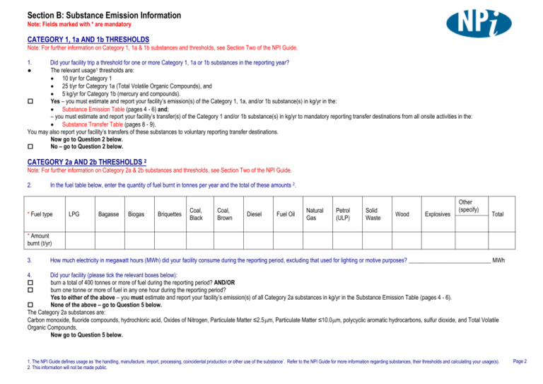 Section B - National Pollutant Inventory