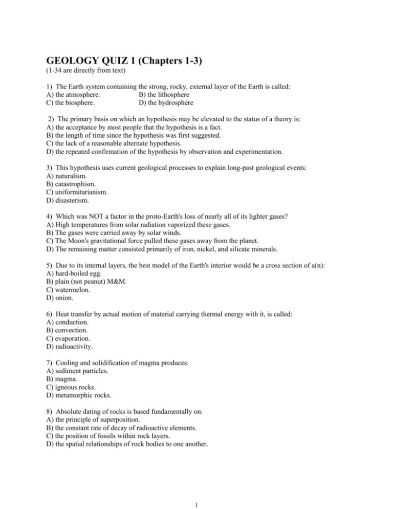 GEOLOGY QUIZ 1 (Chapters 14) GEO