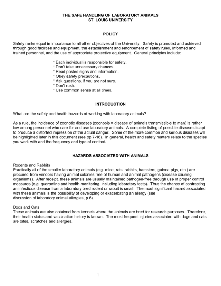 THE SAFE HANDLING OF LABORATORY ANIMALS ST. LOUIS
