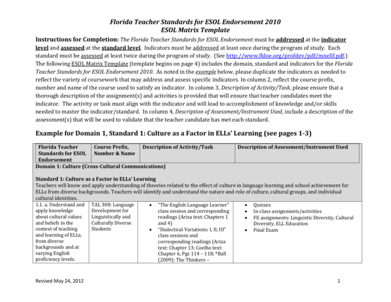 ESOL Matrix Template UM Florida Department Of Education