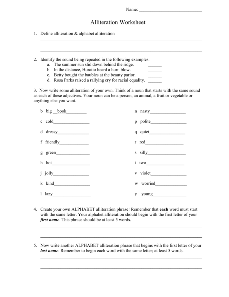 Alliteration Worksheet #1