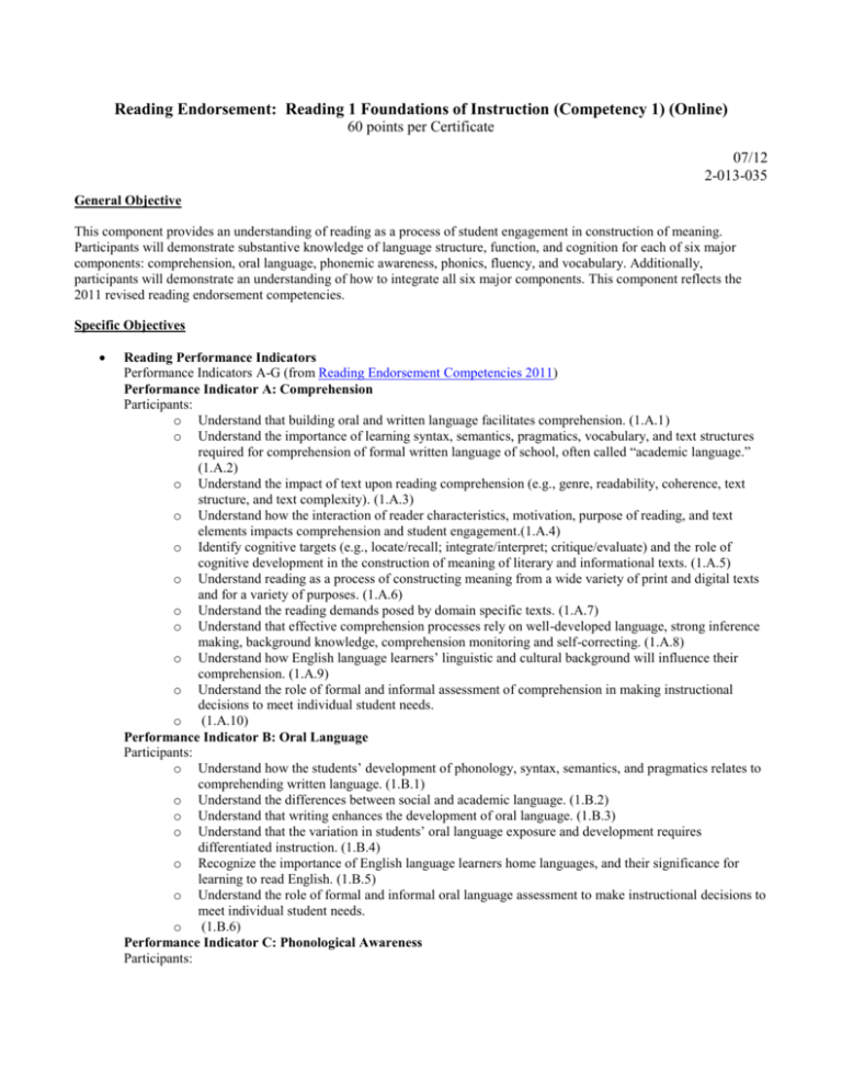 Reading Endorsement Reading 1 Foundations of Instruction