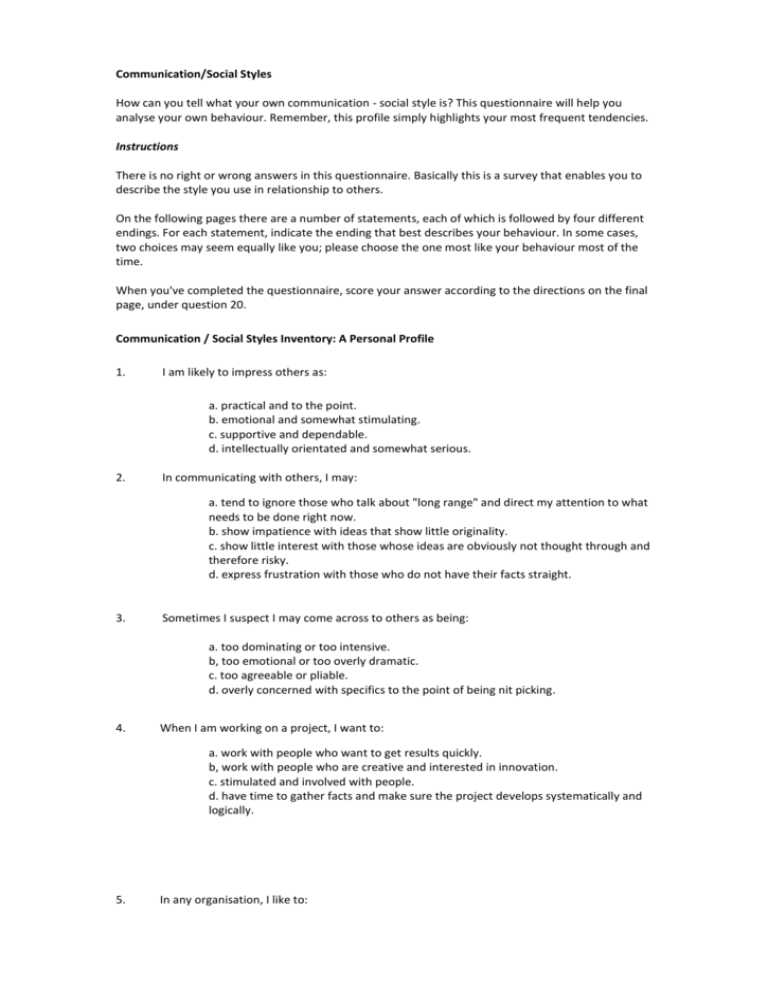 communication social styles questionaire