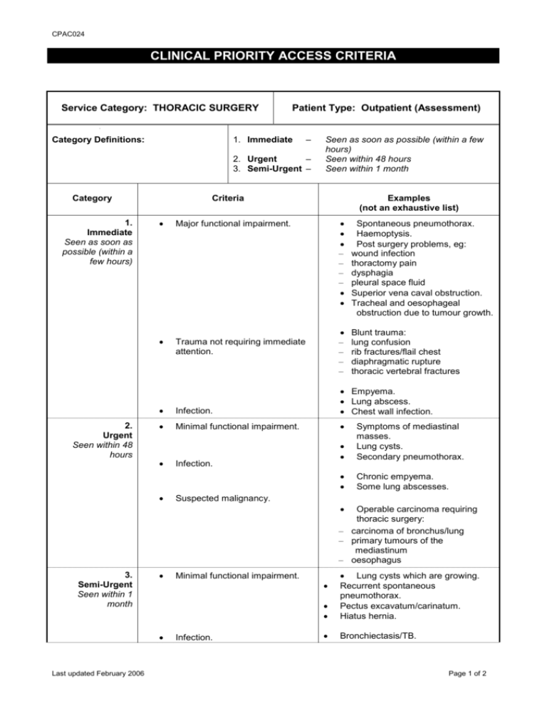 CLINICAL PRIORITY ACCESS CRITERIA