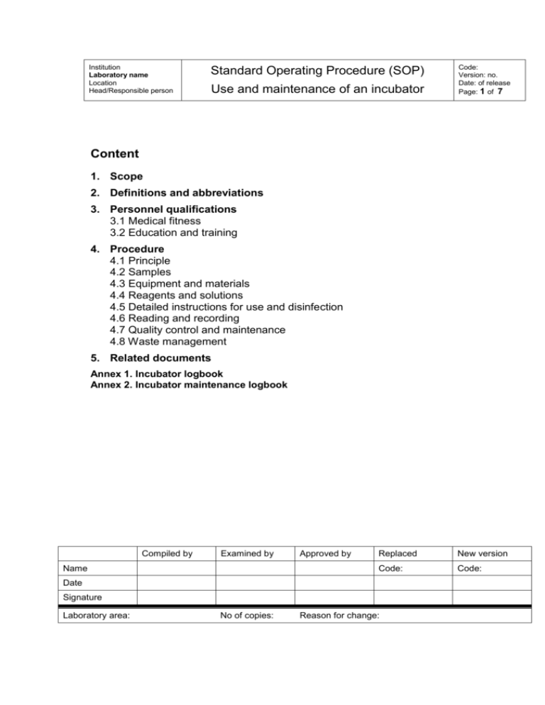 Use and Maintenance of an Incubator