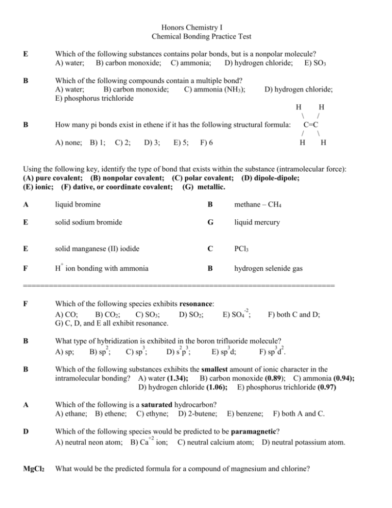 Bonding Practice Test Answer Key