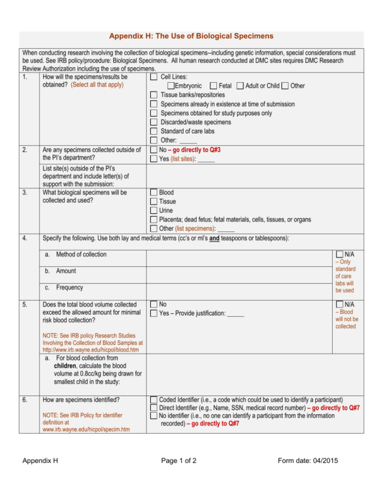 Appendix H The Use of Biological Specimens