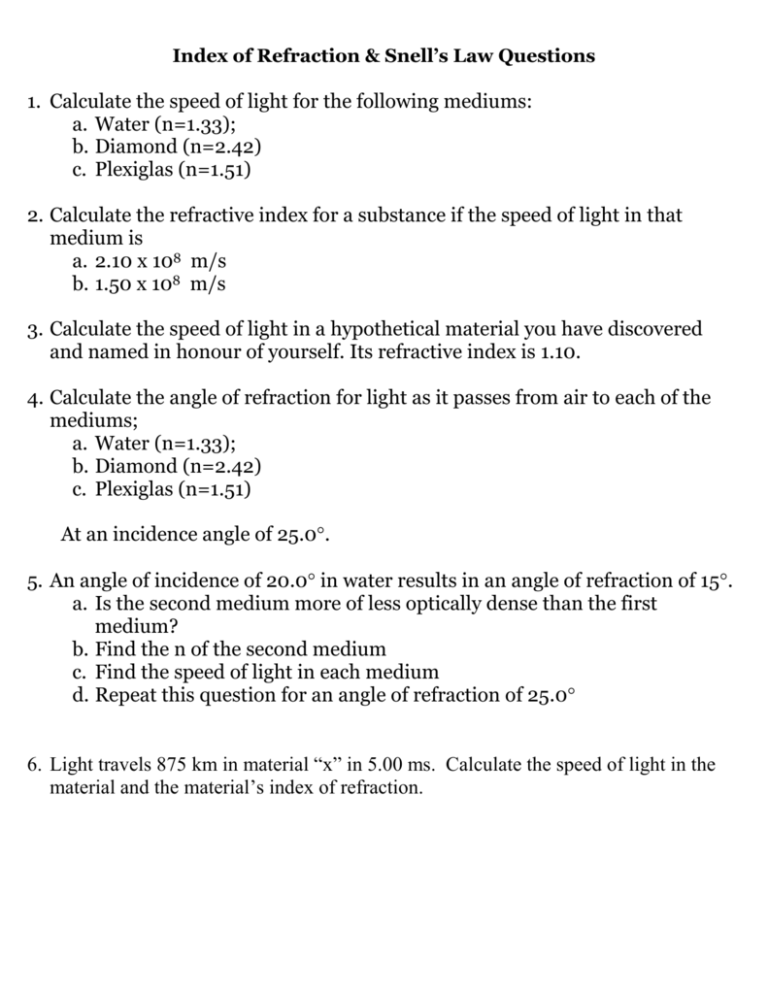 Refraction Worksheet 2