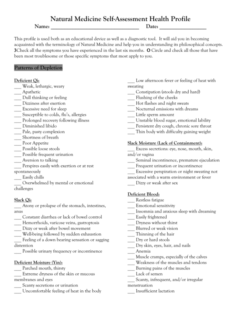 Self-Assessment Health Profile