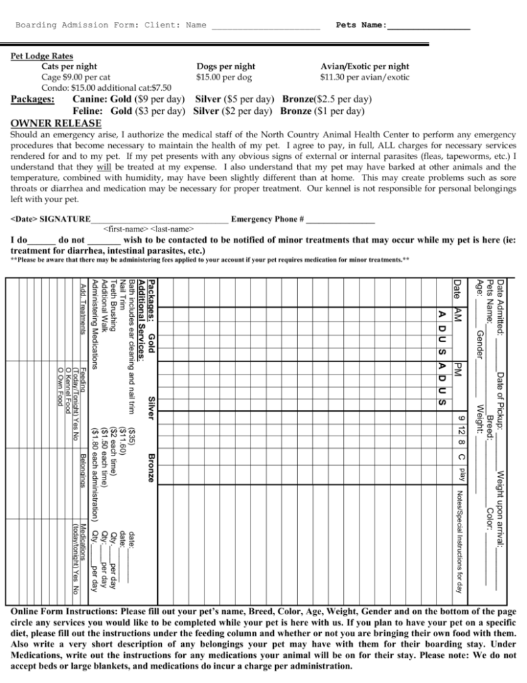 BOARDING ADMISSION FORM North Country Animal Health Center