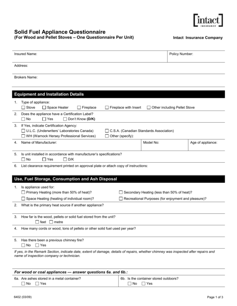 Solid Fuel Appliance Questionnaire