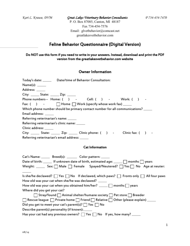 Cat Questionnaire Examples Feline Pre-Consultation Questionnaire
