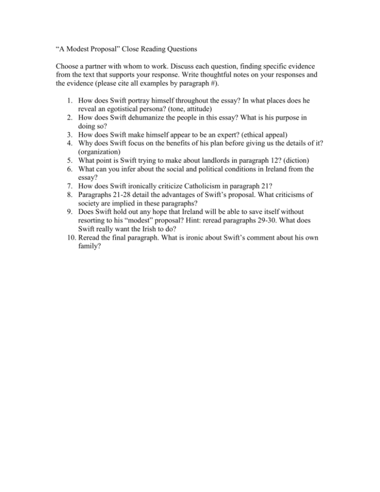 “A Modest Proposal” Close Reading Questions