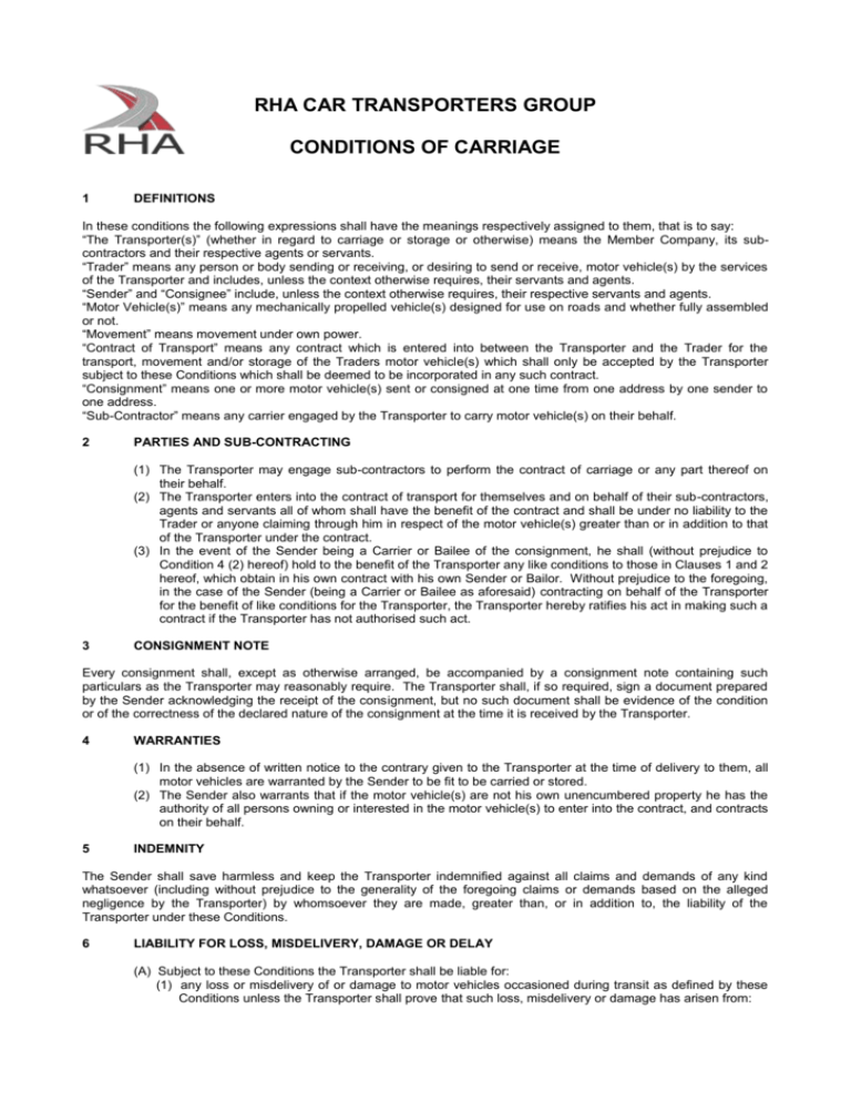 RHA Car Transporters Conditions Of Carriage