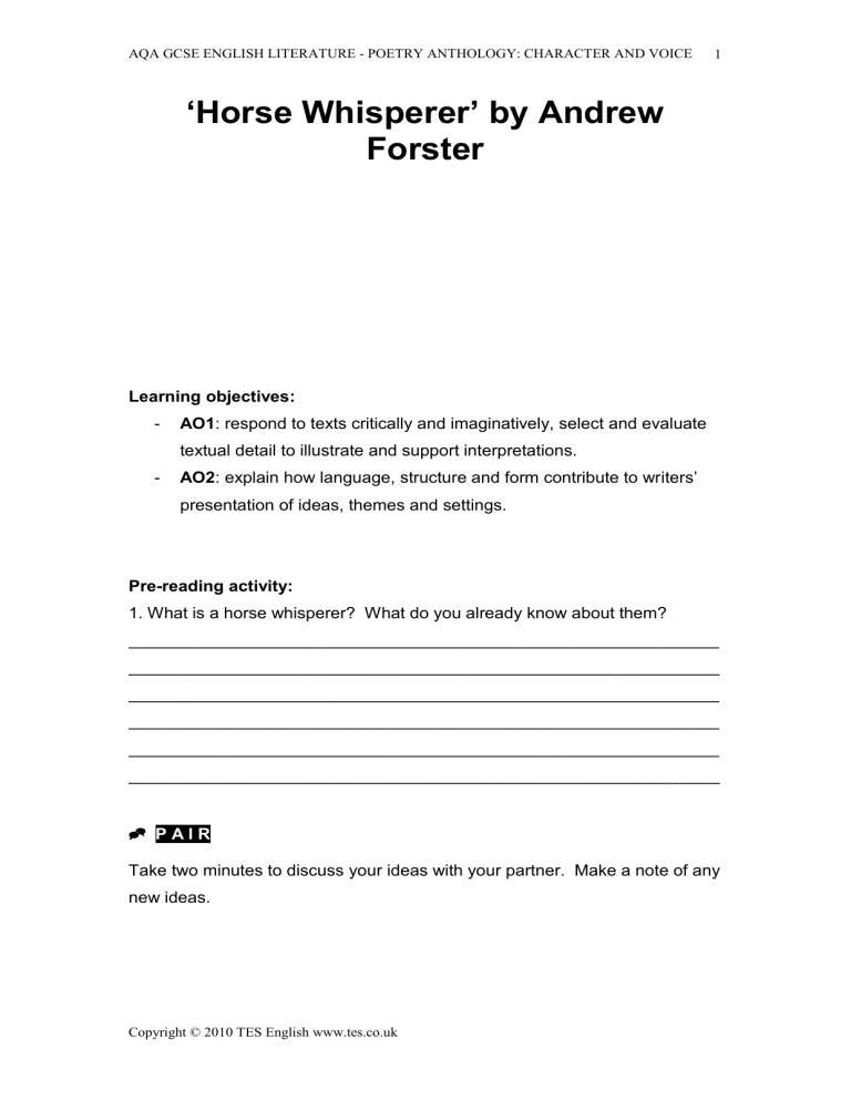 Horse Whisperer booklet Debden Park High School