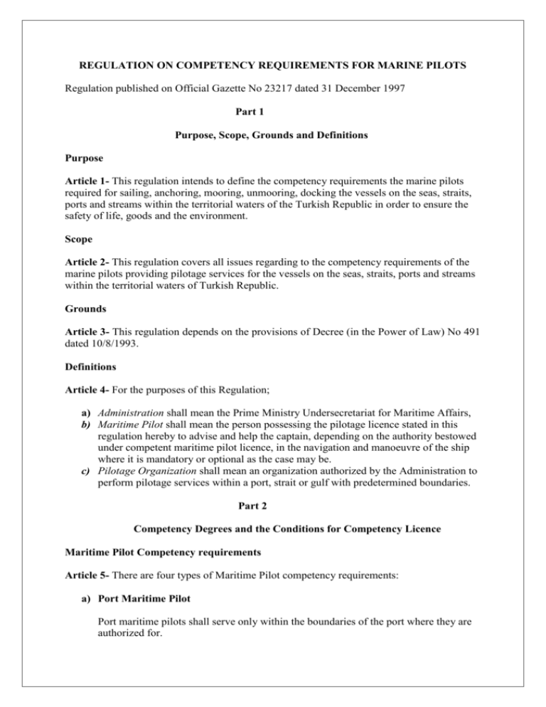 regulation on competency requirements for marine pilots