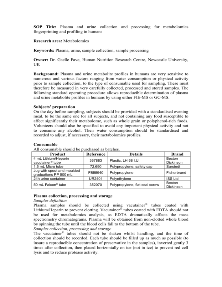 SOP 7 BLOOD COLLECTION, PROCESSING AND STORAGE