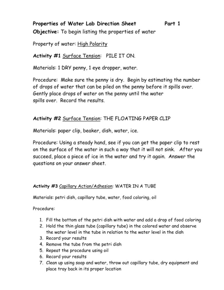 Properties of Water Lab Direction Sheet