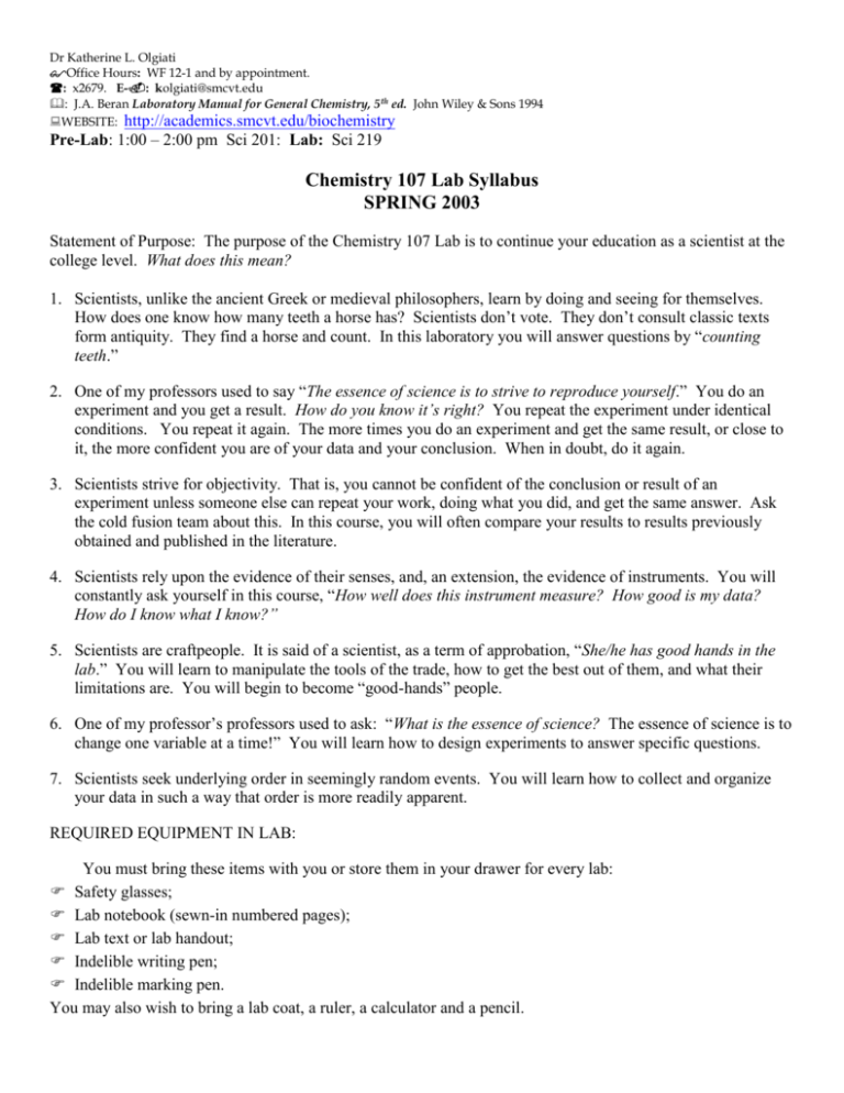 Chemistry 107 Lab Syllabus Academics