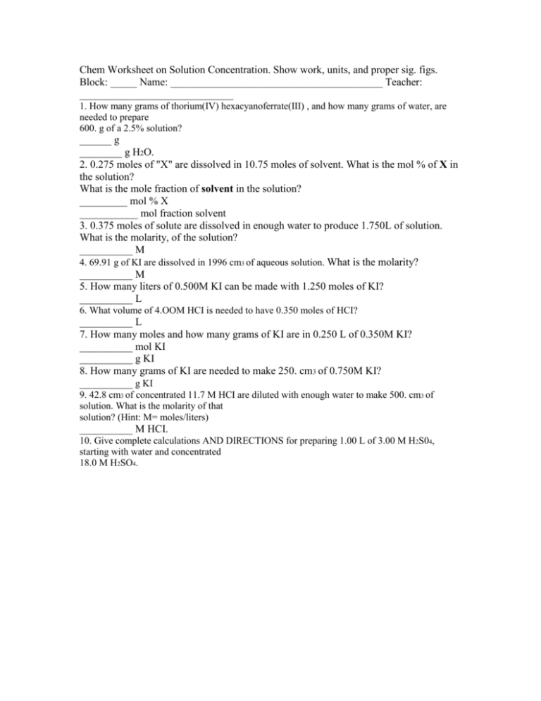 Concentration Worksheet Answer Key