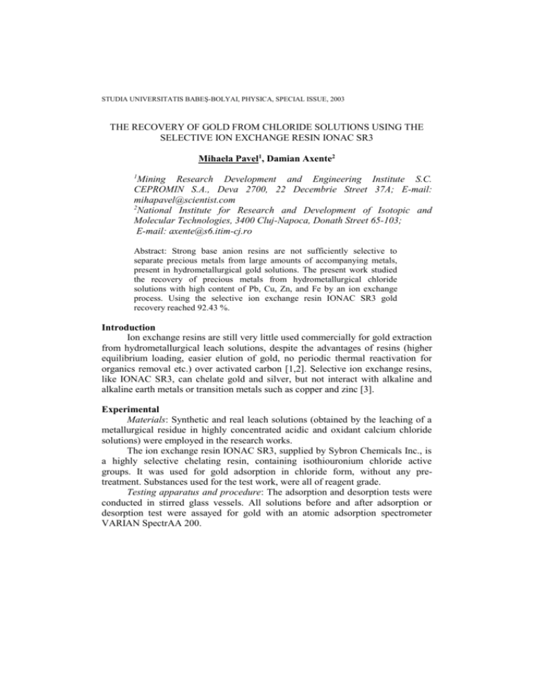 THE RECOVERY OF GOLD FROM CHLORIDE SOLUTIONS