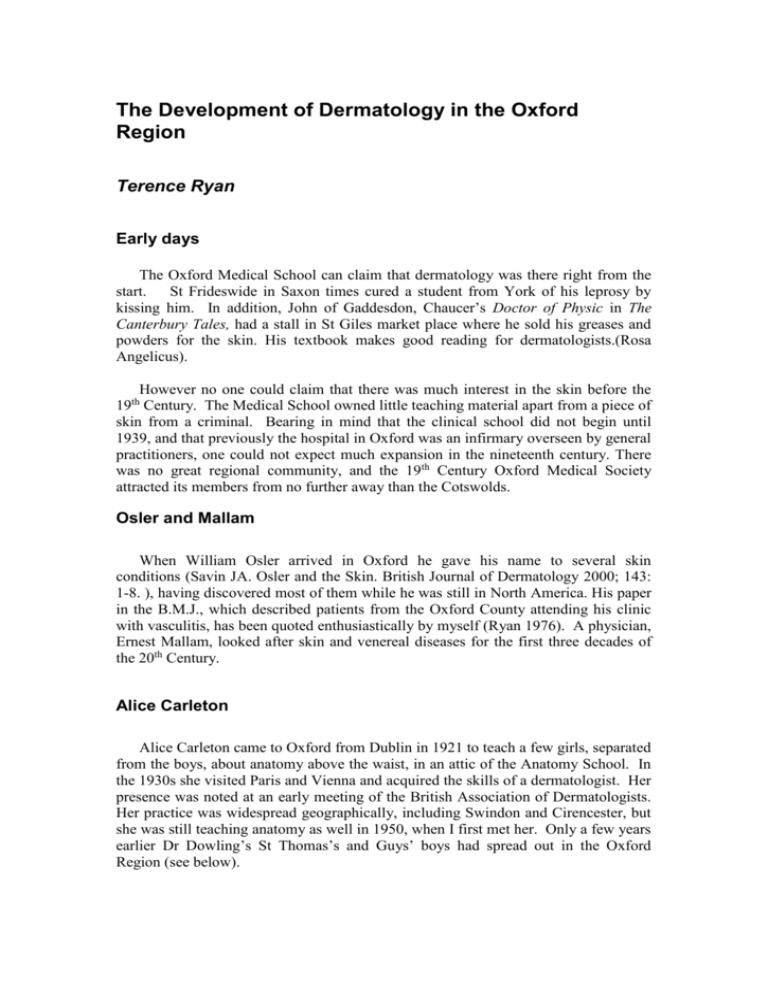 The Development of Dermatology in the Oxford Region
