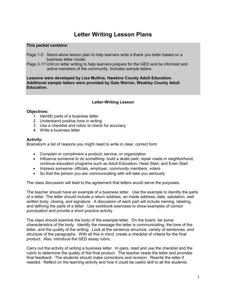 lesson plan for cover letter