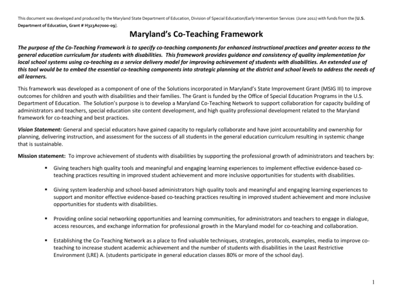 CoTeaching Framework Maryland Learning Links