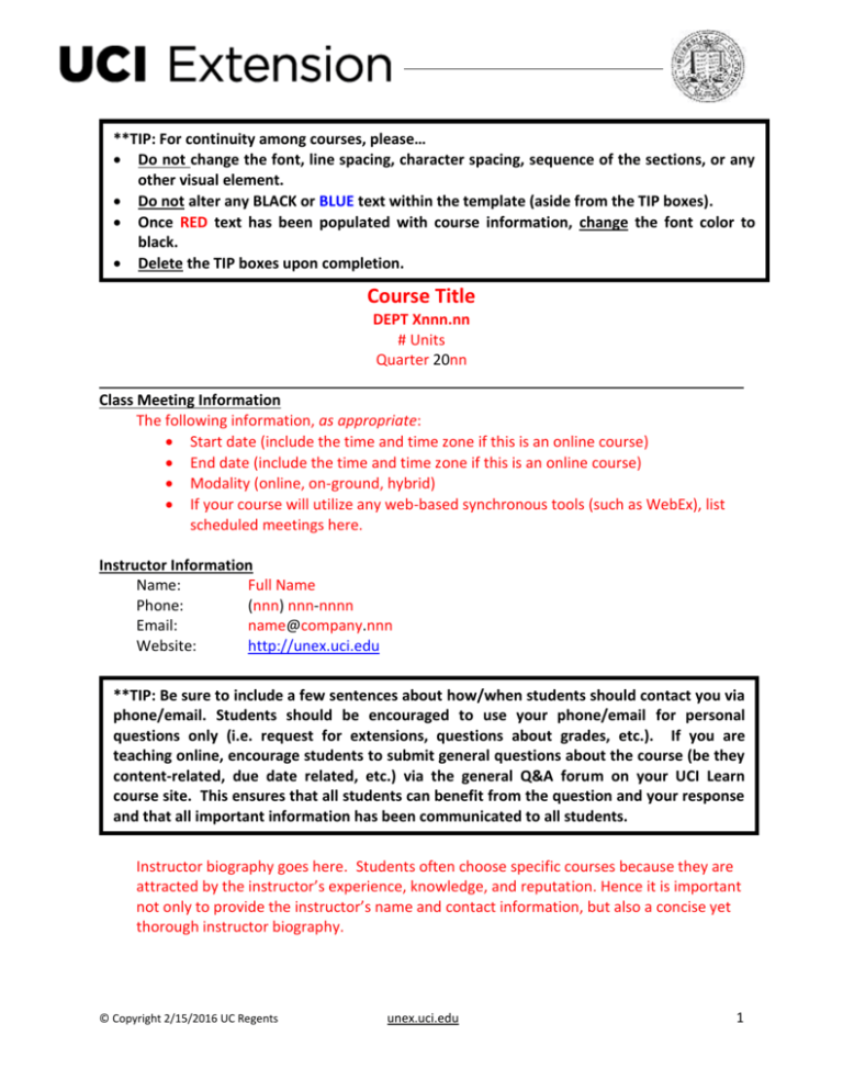 Instructor Information UCI Extension Instructor Information UCI Extension