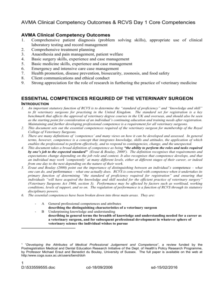 AVMA Clinical Competency & RCVS Day 1 Core