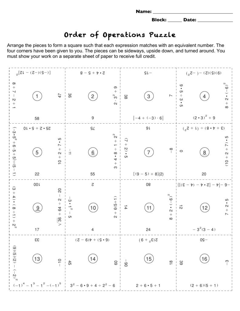 Order of Operations Puzzle Throughout Order Of Operations Puzzle Worksheet