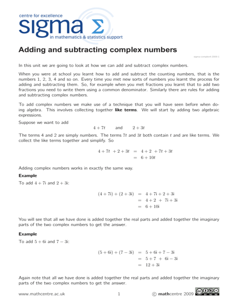 Adding And Subtracting Complex Numbers