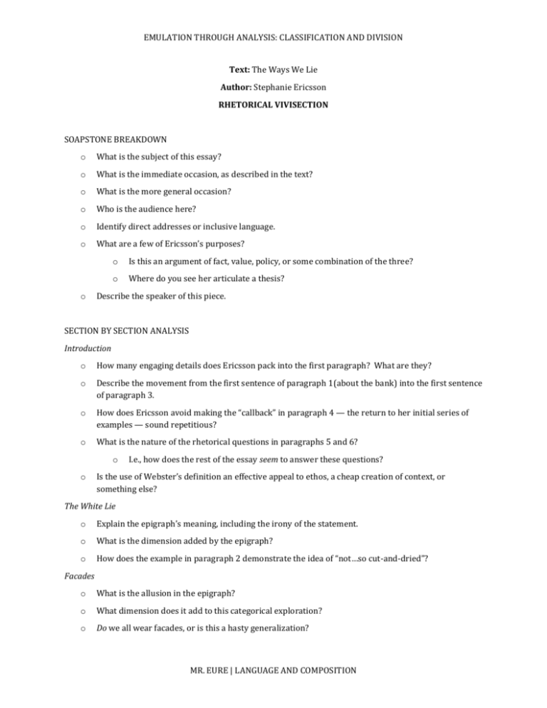 The Ways We Lie Stephanie Ericsson Analysis Classification and Division / Adversarial