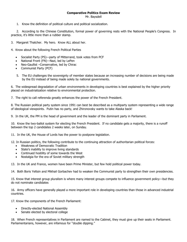 10 Comparative Politics Final Exam Review