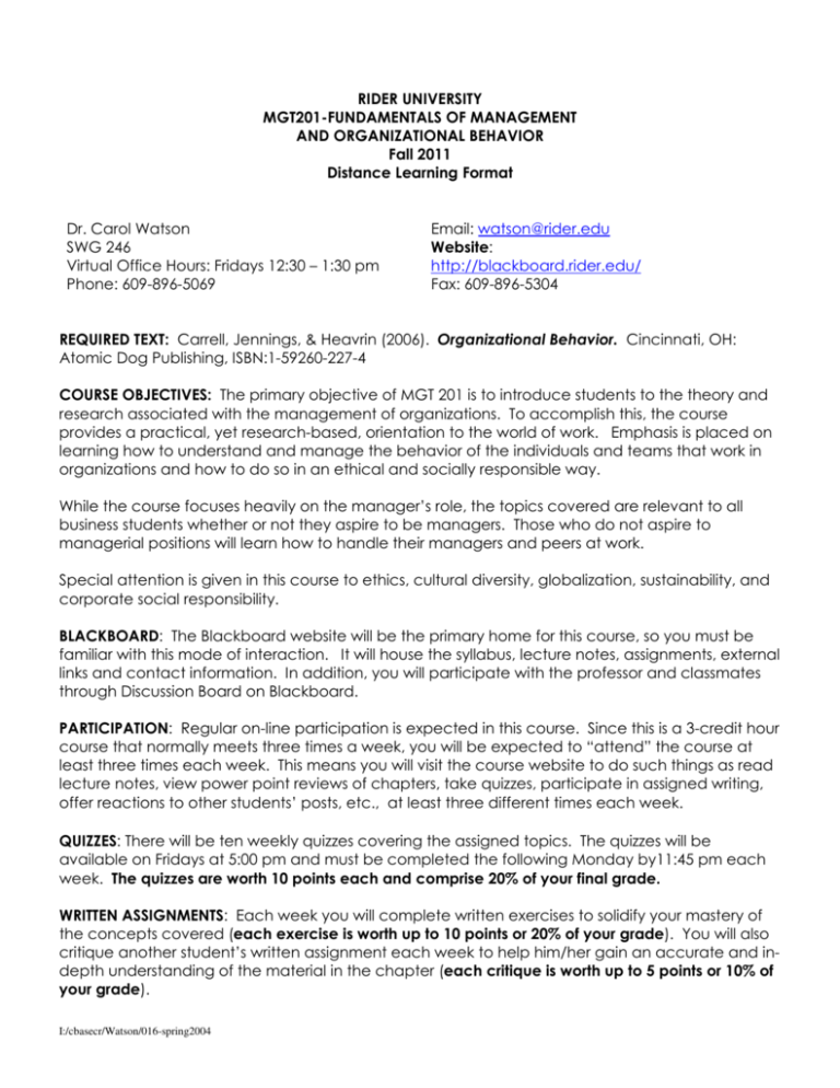 RIDER UNIVERSITY MGT201