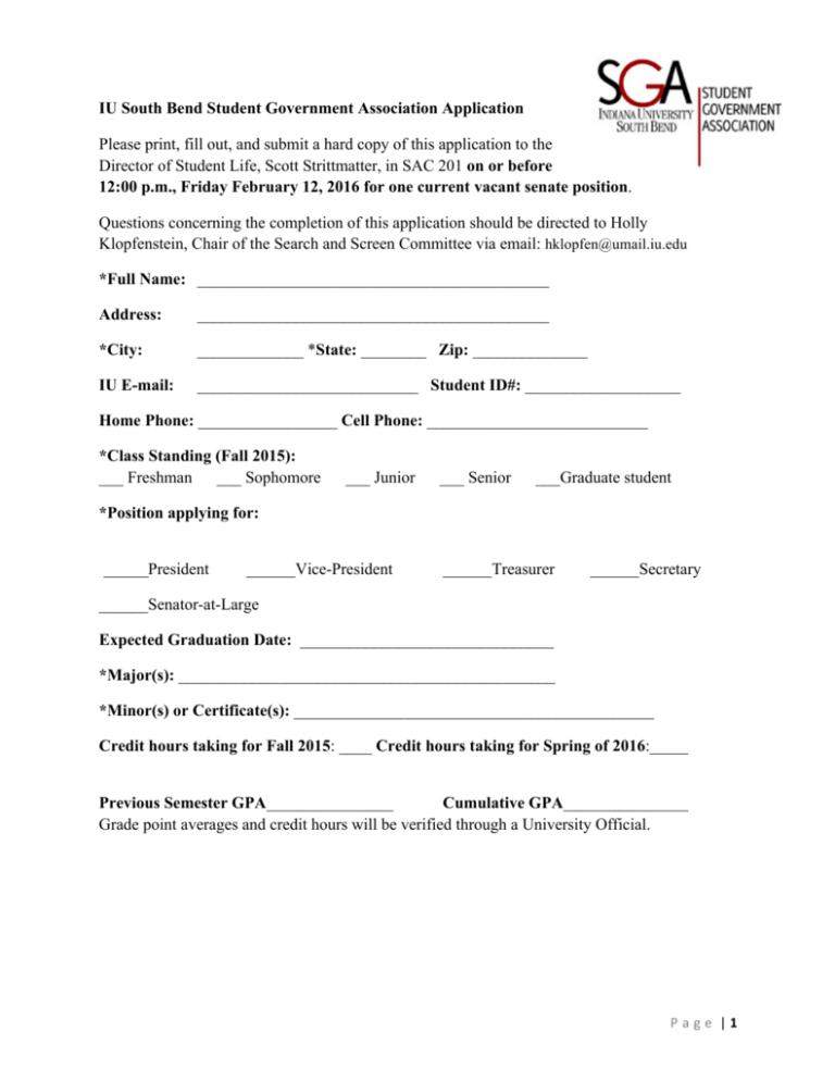 IU South Bend Student Government Association Application Please