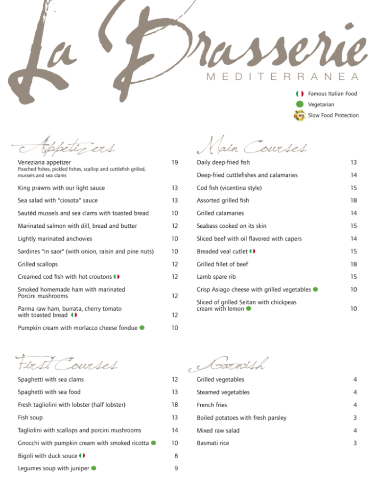 Appetizers First Courses Main Courses Garnish