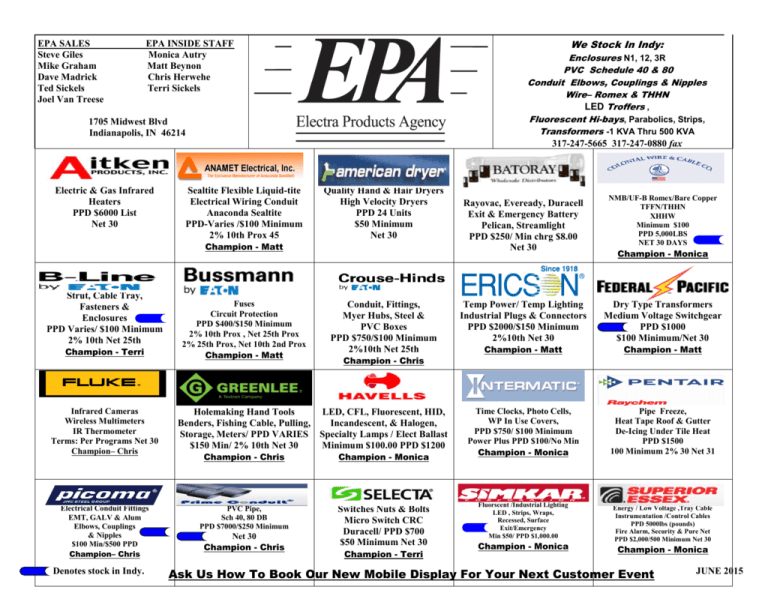 JUNE 2015 EPA LINE CARD Electra Products Agency