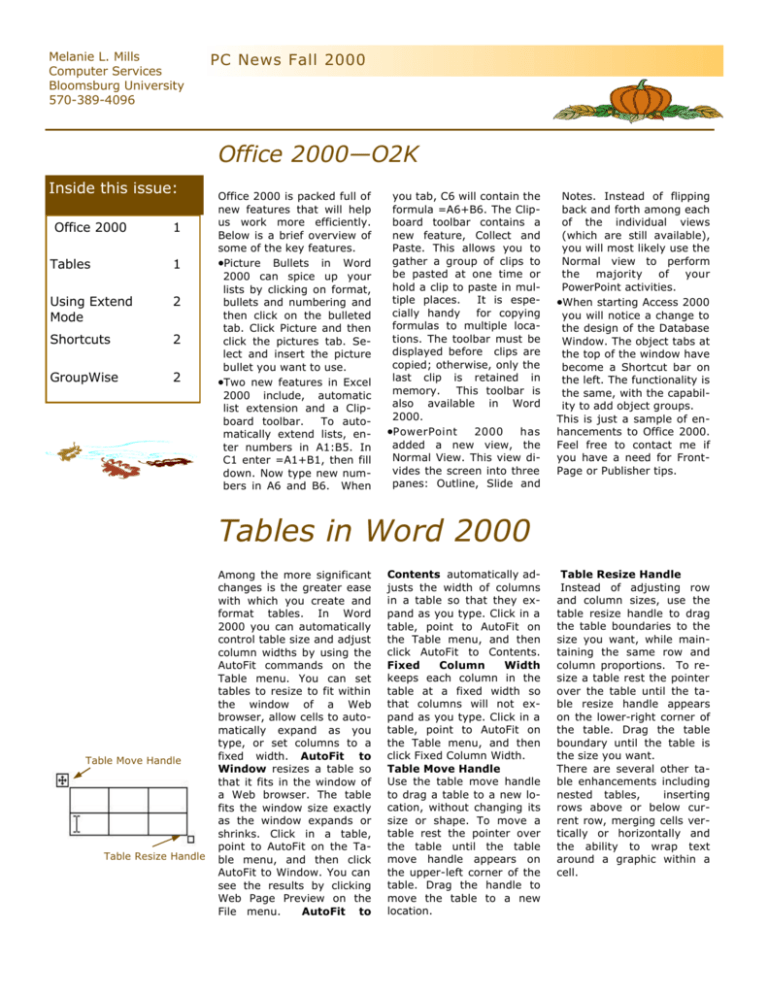 Tables in Word 2000 Bloomsburg University