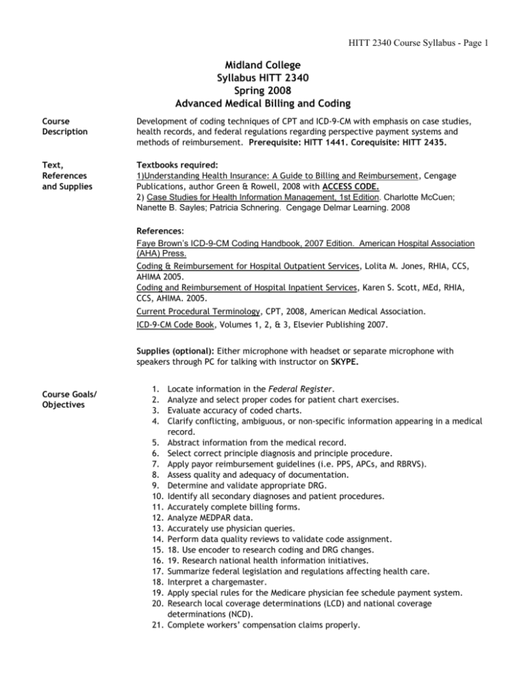 HITT 2340 Advanced Medical Billing and Coding
