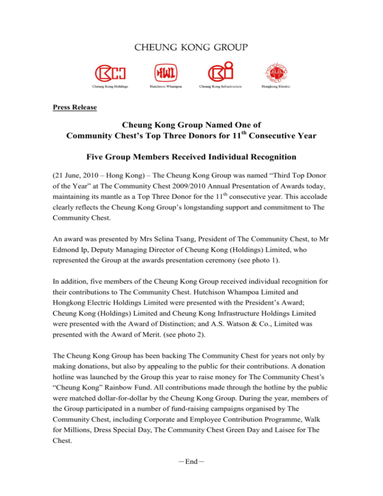 Cheung Kong Group Named One Of Community Chest's Top Three