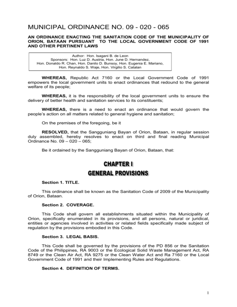 MUNICIPAL ORDINANCE NO. 09 - 020