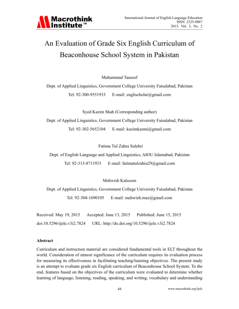 An Evaluation of Grade Six English Curriculum of Beaconhouse