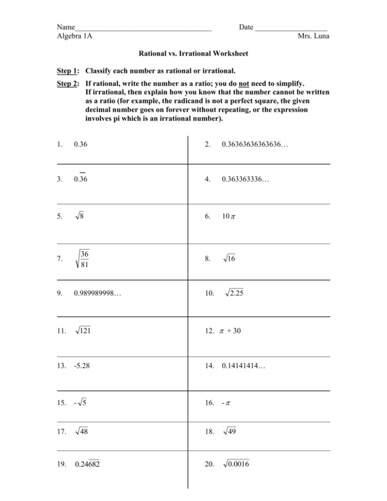 Rational Vs Irrational Numbers Worksheet