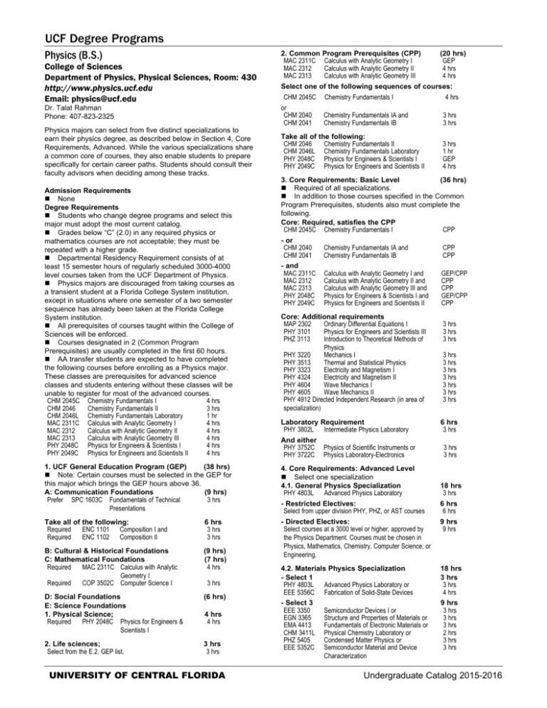 Physics - Undergraduate Catalog