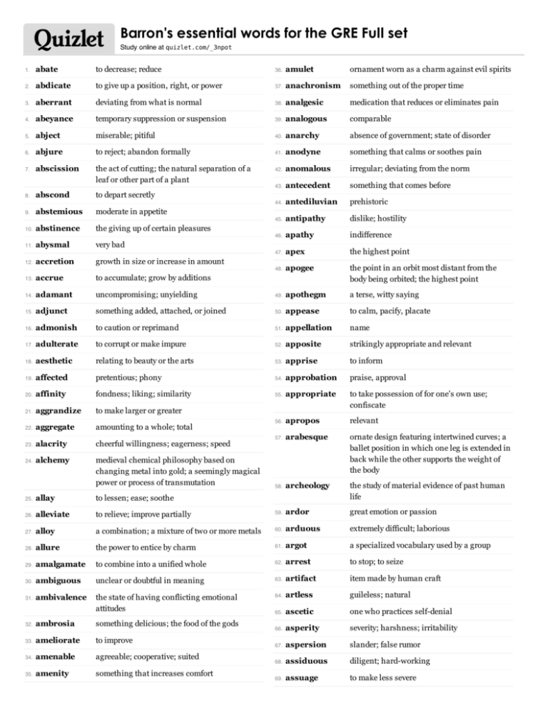 Print › Barron's essential words for the GRE Full set Quizlet Quizlet