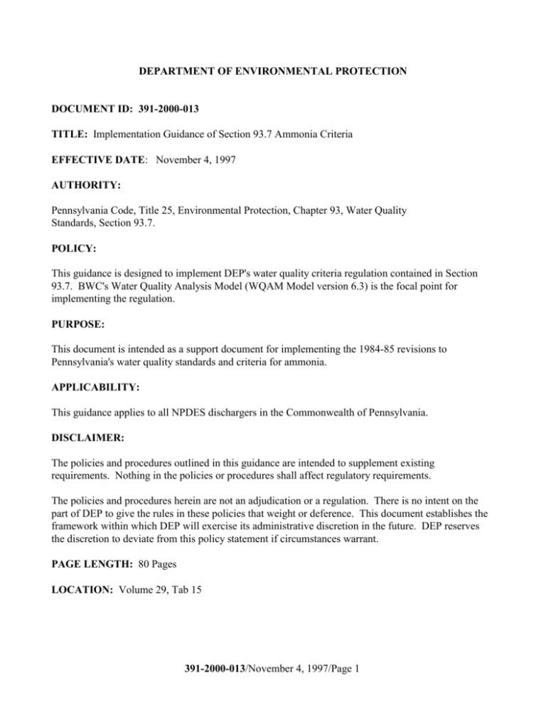 Implementation Guidance of Section 93.7 Ammonia Criteria