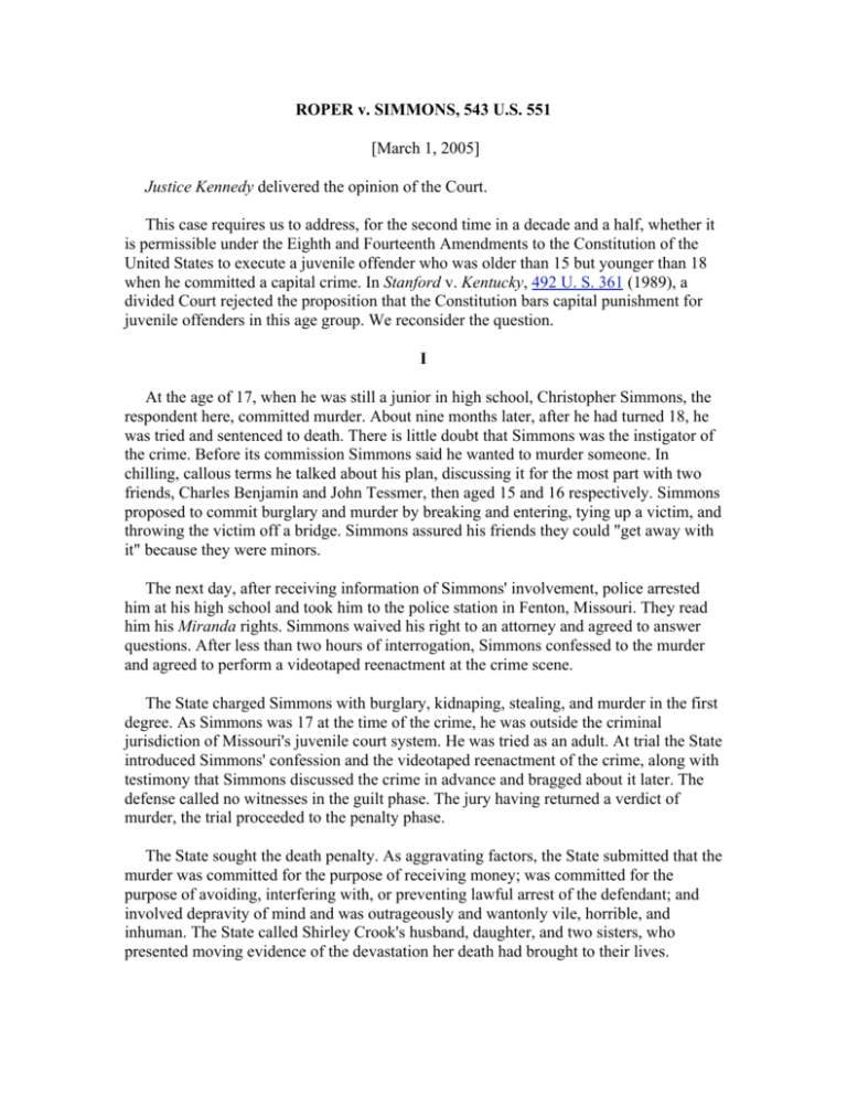 ROPER v. SIMMONS, 543 U.S. 551 [March 1, 2005] Justice