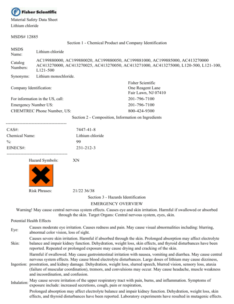 Material Safety Data Sheet Lithium chloride MSDS 12885 Section