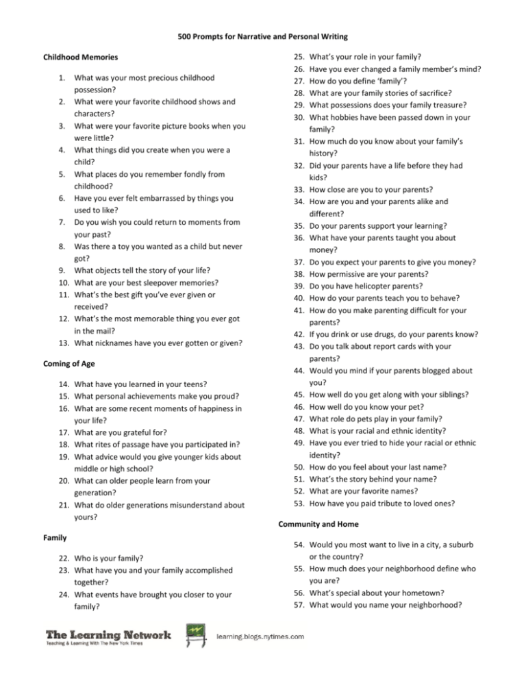500 Prompts for Narrative and Personal Writing